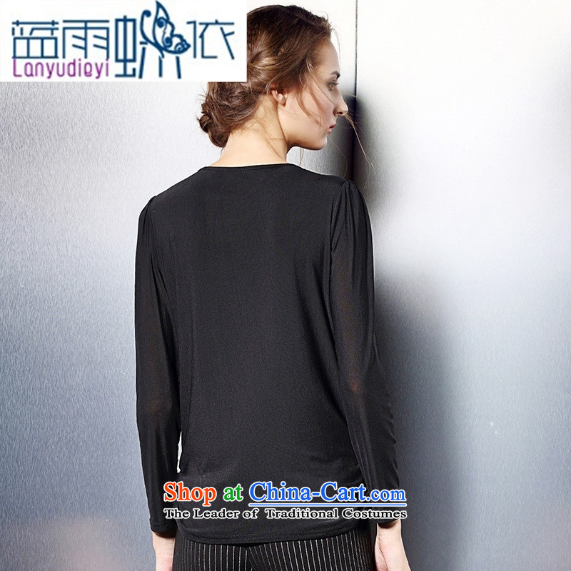 Ya-ting shop European station 2015 Autumn blouses girl who decorated round-neck collar long-sleeved shirt, forming the pearl of the nails T-shirt BOURDEAUX XXXL, blue rain butterfly according to , , , shopping on the Internet