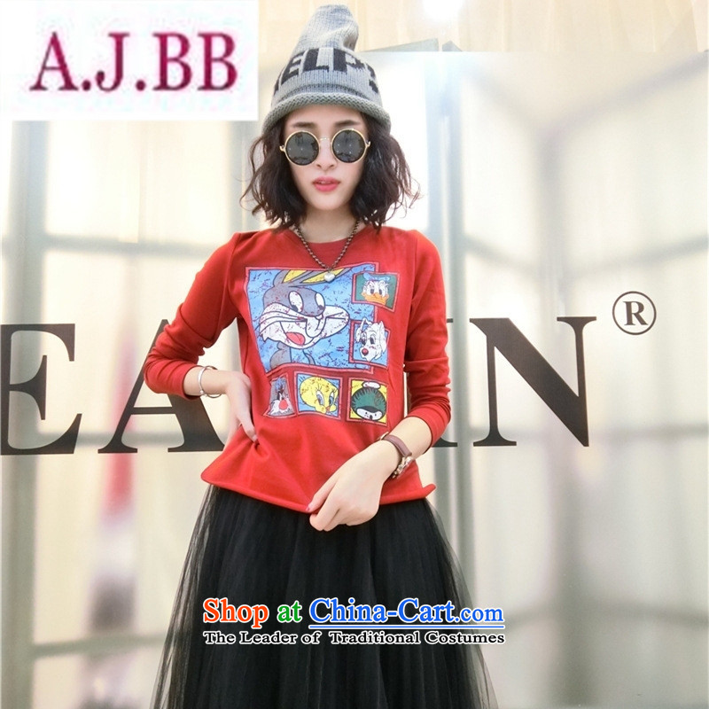 Ms Rebecca Pun stylish shops 2015 autumn and winter female Korean version of the new card T-shirt with round collar forming the Netherlands to Sau San long-sleeved T-shirt pure cotton red are code