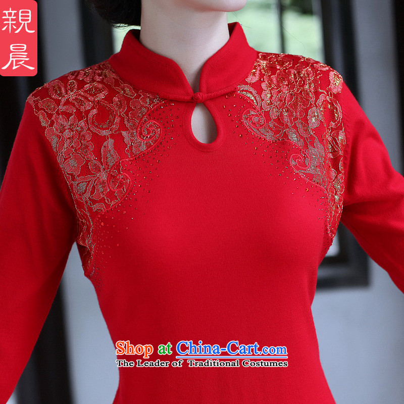 2015 Autumn and winter cheongsam dress the new bride woolen knitted improved long-sleeved short of stylish Ms. Sau San dresses wine red M, PRO-AM , , , shopping on the Internet