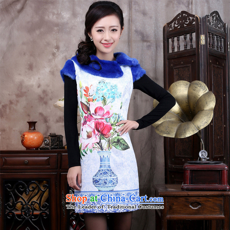 The autumn 2015 hot new stamp retro republic of korea wind jacket dresses qipao Tang dynasty porcelain?M