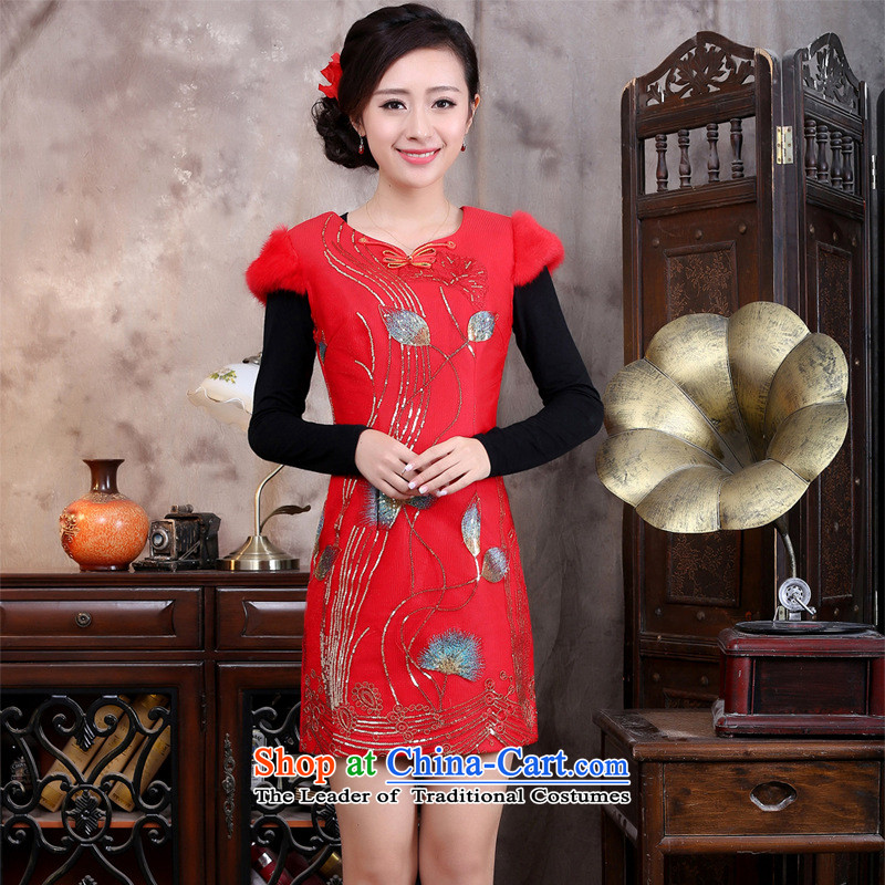 The autumn and winter improved qipao Chinese stereo stamp Tang Dynasty Sau San dresses cheongsam dress red?S