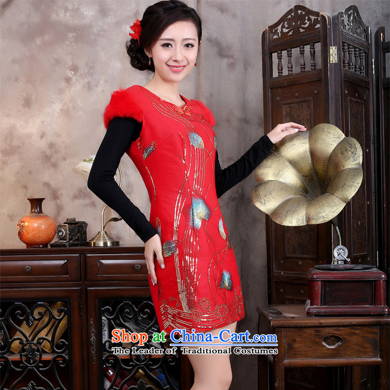 The autumn and winter improved qipao Chinese stereo stamp Tang Dynasty Sau San dresses cheongsam dress red S, and involved (rvie.) , , , shopping on the Internet