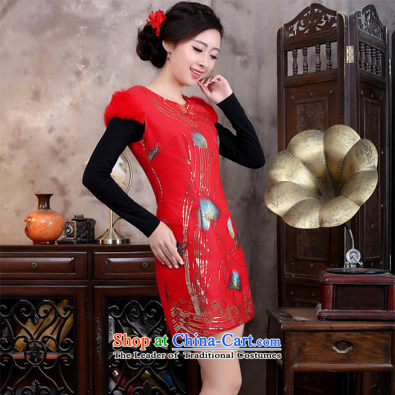 The autumn and winter improved qipao Chinese stereo stamp Tang Dynasty Sau San dresses cheongsam dress red S, and involved (rvie.) , , , shopping on the Internet