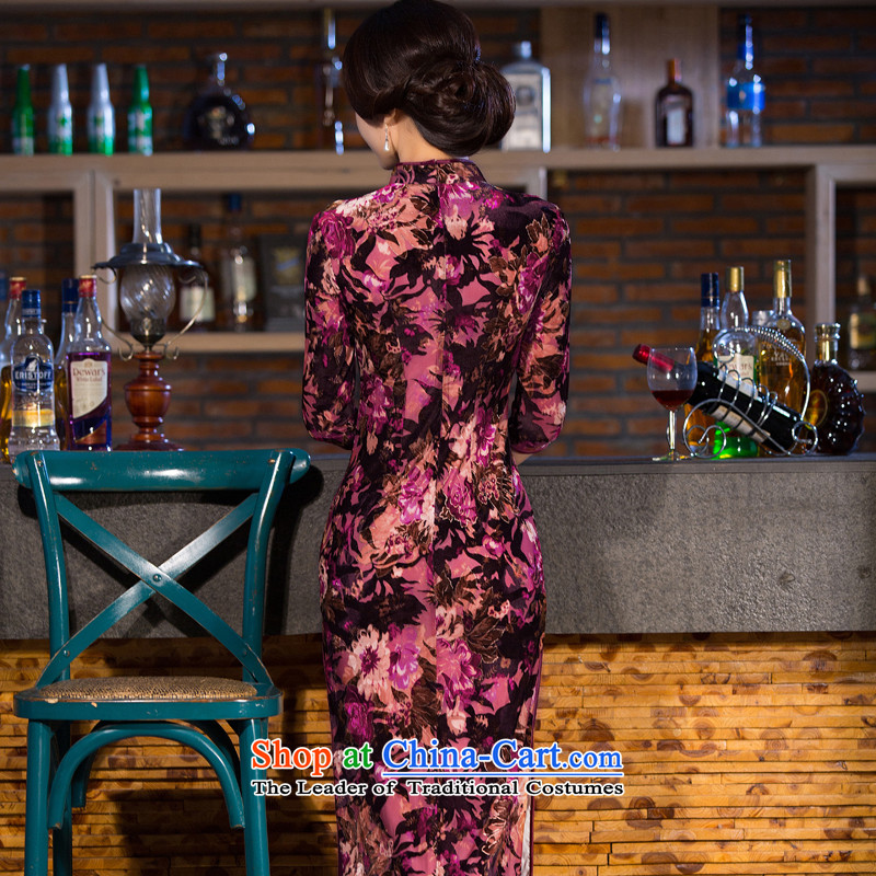 Take the new autumn 2015 figure improved long qipao cheongsam dress seven plush cuff Stretch Dress figure color mosaic.... 2XL, shopping on the Internet