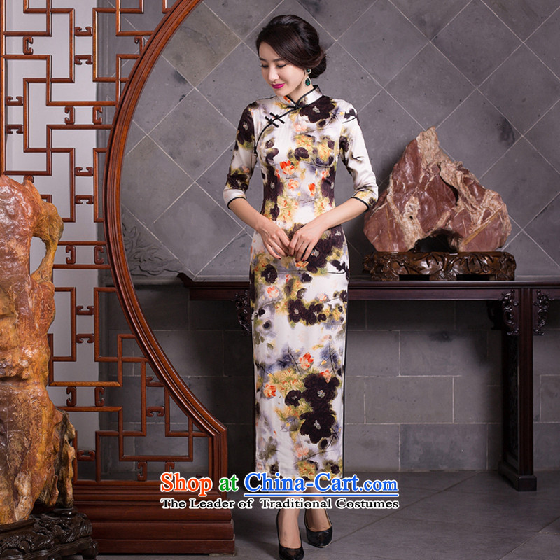 New fall smoke dan Mock-neck daily retro improved long Silk Cheongsam Sau San 7 cuff dresses female figure color L, Dan Smoke , , , shopping on the Internet