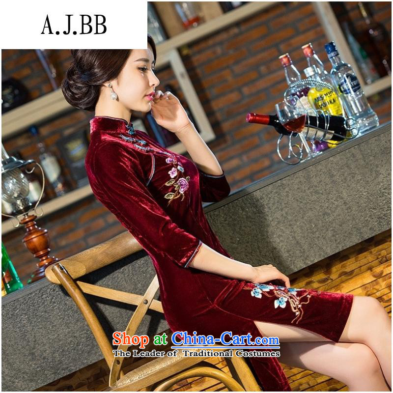 And involved shops *8101 really scouring pads middle-aged moms with embroidery qipao gown wedding-day improved in the retro-sleeved qipao wine red XXL,A.J.BB,,, shopping on the Internet
