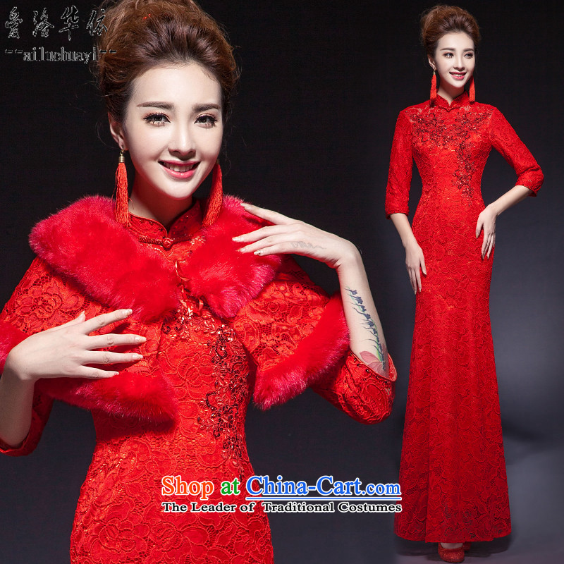The new 2015 Service bows autumn and winter crowsfoot marriage cheongsam red 7 cuff cuff Chinese word lace bride dress shoulder cape with an elegant and well refined dress red 7 Cuff + fur shoulder?M