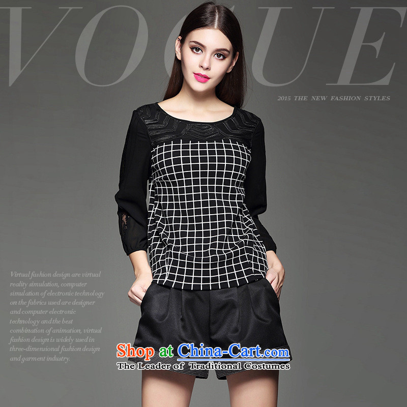 The main autumn replacing new women's personality lace stitching grid temperament shirt Black XL
