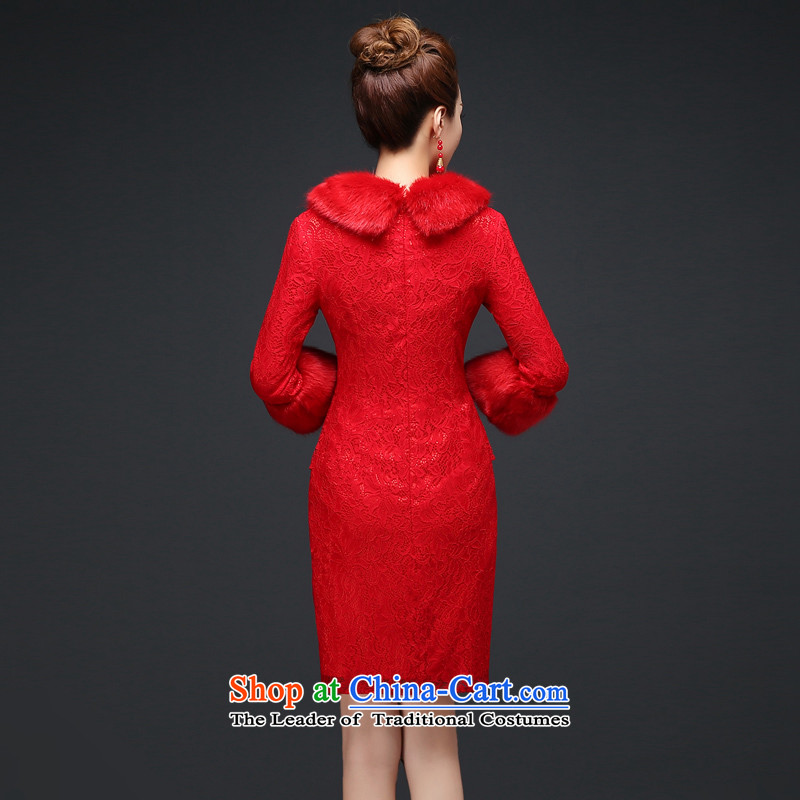 Martin Taylor autumn and winter new red lace qipao short of marriages bows to dress video thin cheongsam dress temperament female red S, Martin (TAILEMARTIN Taylor) , , , shopping on the Internet