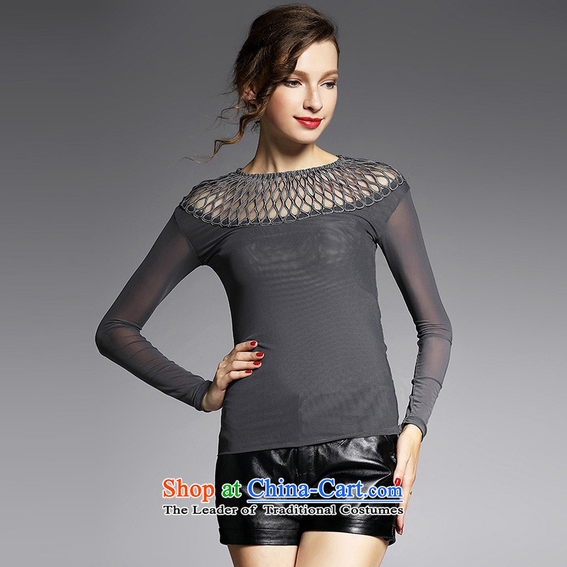 The main European and American style with female elastic autumn 2015 gauze stitching sexy engraving bare shoulders, forming the Netherlands YN11039 shirt, wine red S