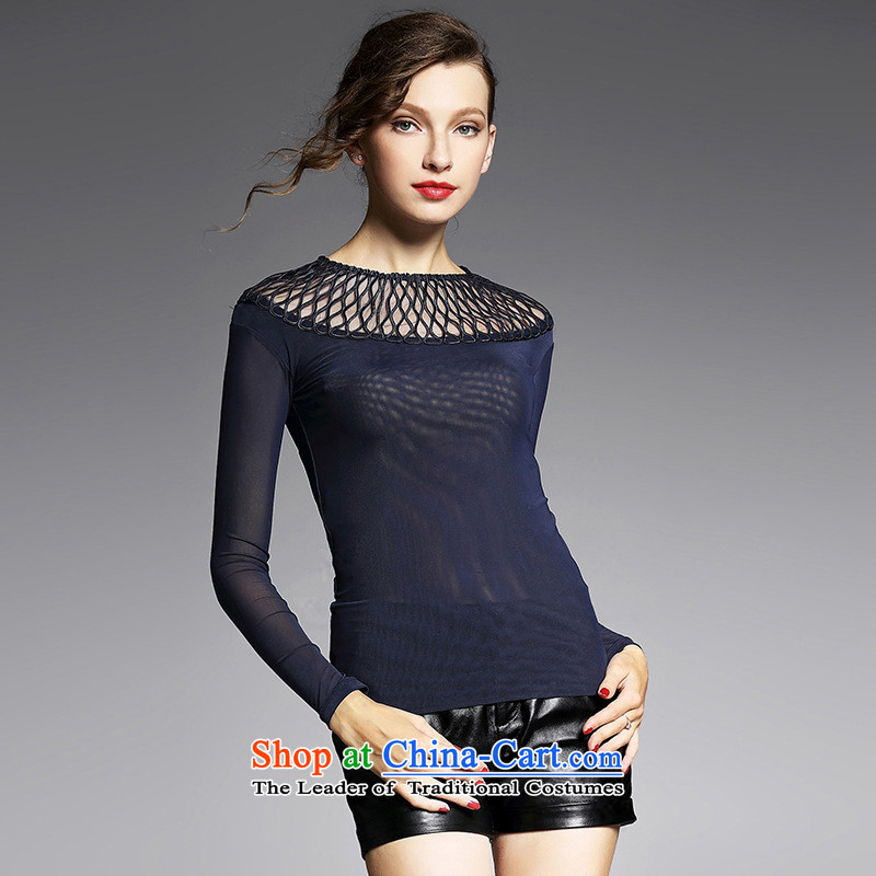 The main European and American style with female elastic autumn 2015 gauze stitching sexy engraving bare shoulders, forming the Netherlands YN11039 T-shirt  , blue-woo, wine red bow to , , , shopping on the Internet