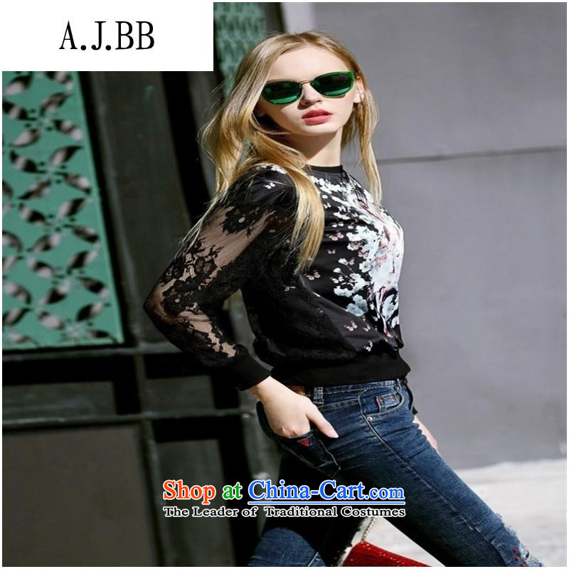 And involved shops new autumn *2015 for women in Europe sweater round-neck collar engraving gauze long-sleeved shirt black M,A.J.BB,,, shopping on the Internet