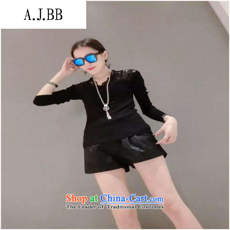 Secretary for Korean clothing shops involved * WOMEN FALL 2015 new products v-neck long-sleeved small fluoroscopy lace spell checker shirt Knitted Shirt black are code ,A.J.BB,,, shopping on the Internet