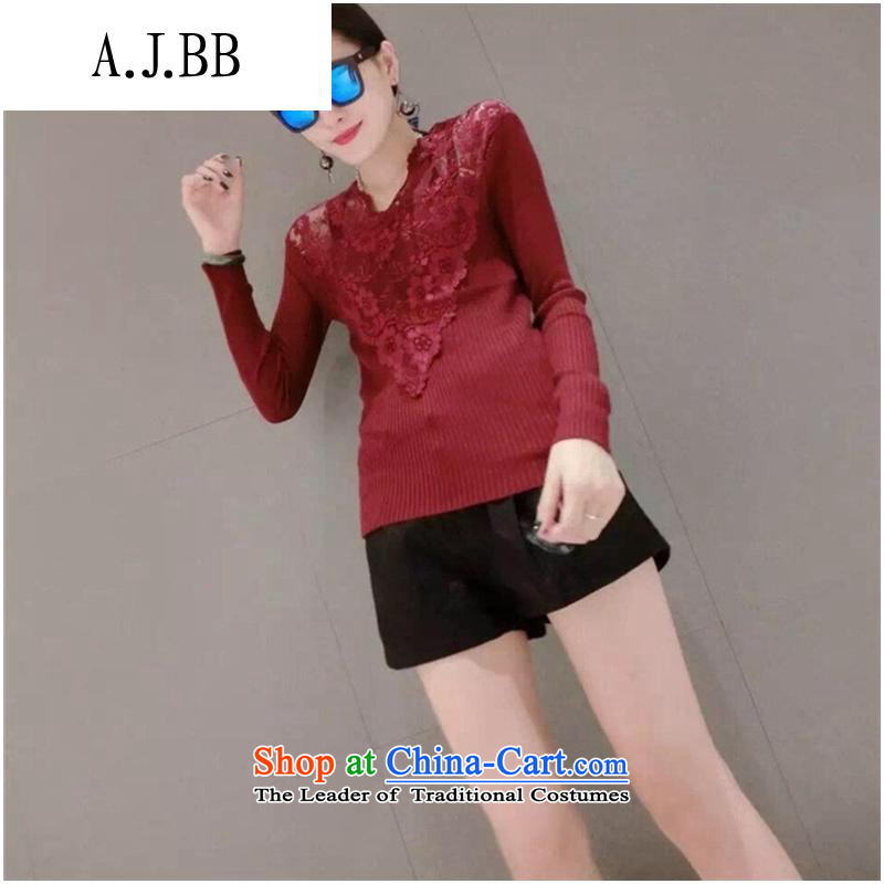 Secretary for Korean clothing shops involved * WOMEN FALL 2015 new products v-neck long-sleeved small fluoroscopy lace spell checker shirt Knitted Shirt black are code ,A.J.BB,,, shopping on the Internet