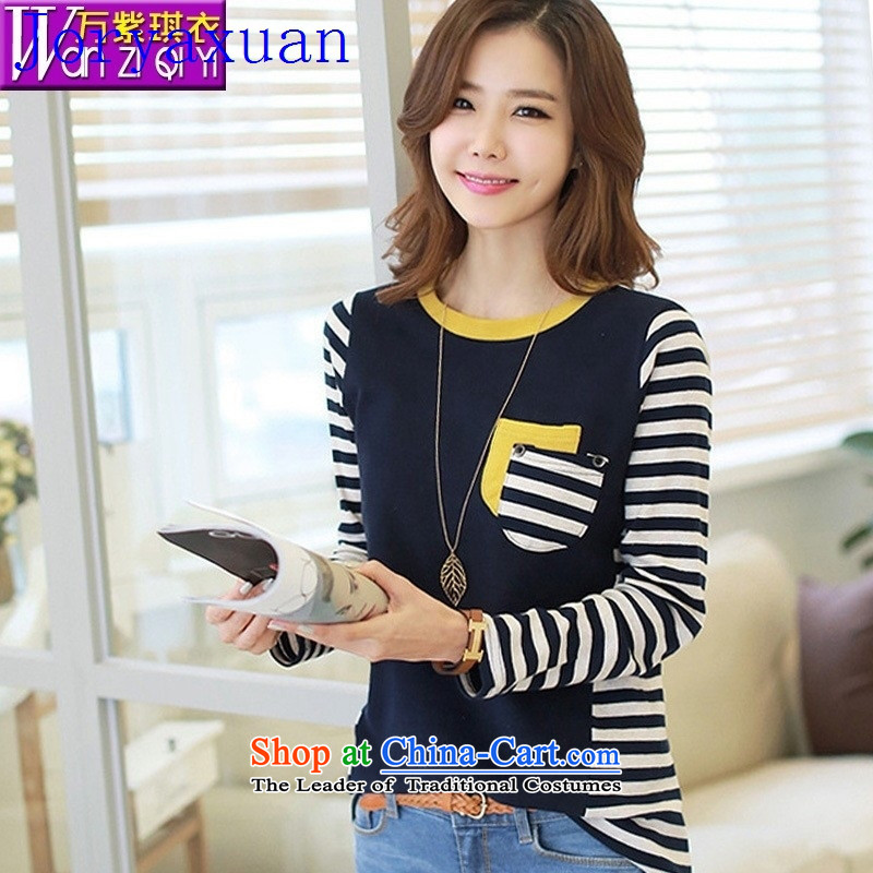 Deloitte Touche Tohmatsu sunny autumn Load New Shop Korea leisure streaks knocked color stitching pure cotton long-sleeved blouses and large-T-shirt , dark blue dark blue love Yan (axbaby Bebe) , , , shopping on the Internet