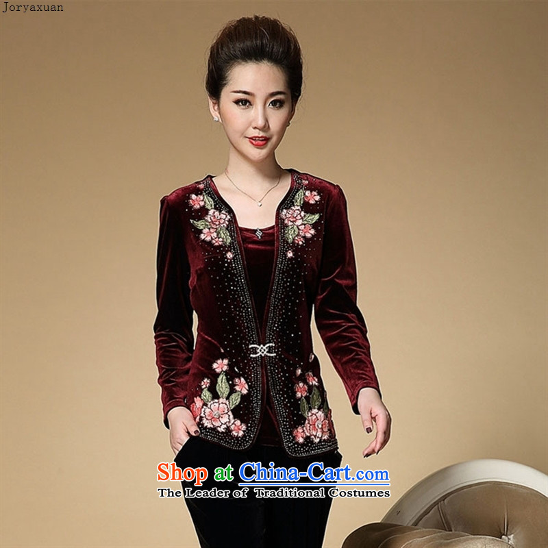 Web soft clothes 2015 Fall_Winter Collections in the new elderly mother female boxed long-sleeved T-Shirt   Kim velvet ladies casual knitting wine red XXL