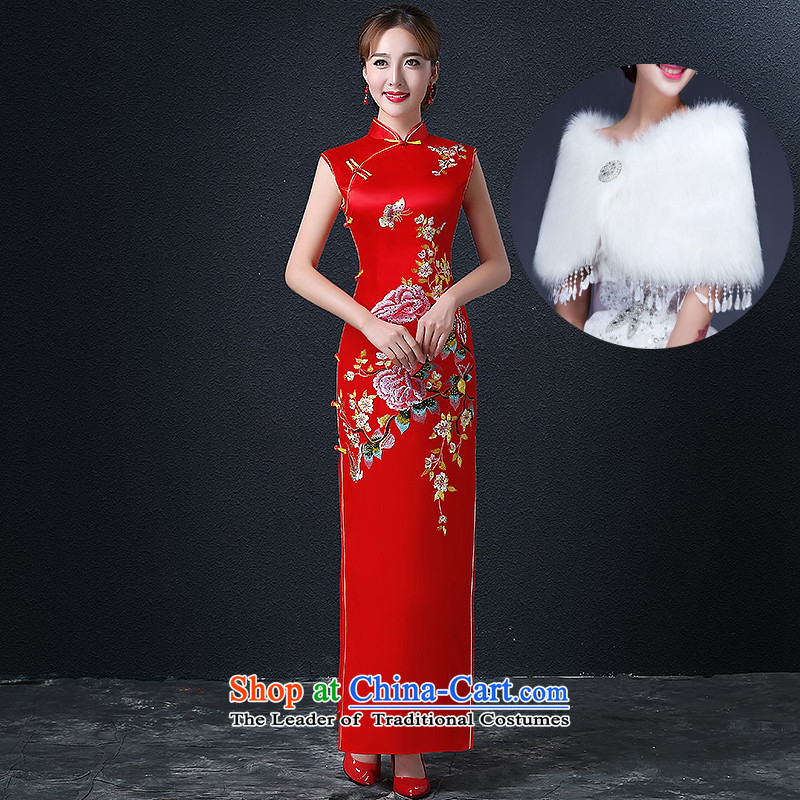 Hillo Lisa _XILUOSHA_ Marriage、Qipao Length of wedding dress red Chinese Dress embroidery bride bows services winter 2015 new qipao retro + shawl?M
