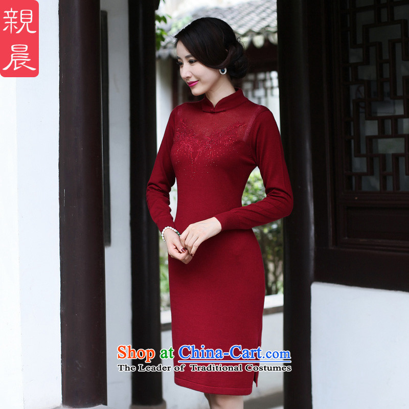 The cheongsam dress 2015 Fall_Winter Collections new improved retro wool Knitted Shirt stylish Sau San long-sleeved Ms. dresses wine red?2XL