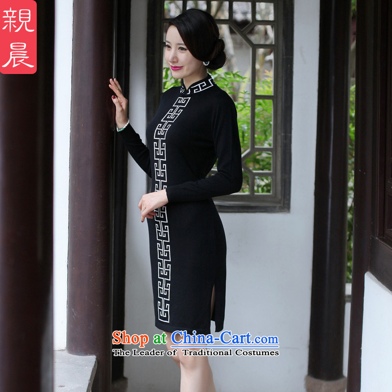 2015 Fall/Winter Collections cheongsam dress new improved stylish woolen knitted long-sleeved daily retro dresses women Sau San black 2XL, pro-am , , , shopping on the Internet