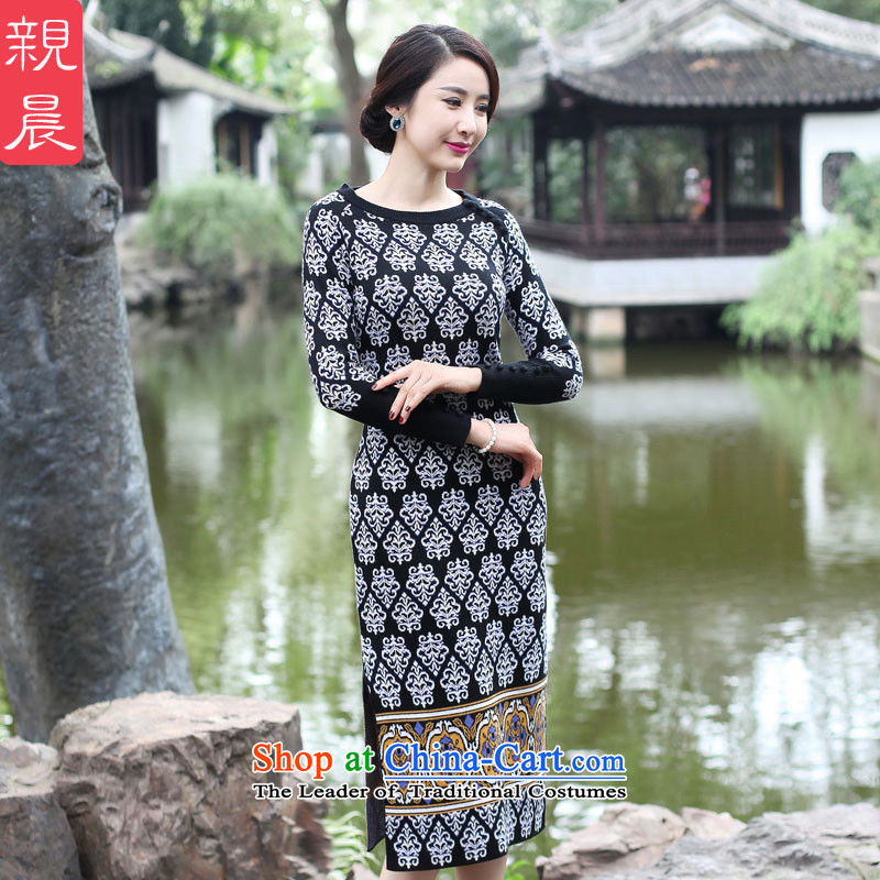 2015 Fall_Winter Collections cheongsam dress the new improved Ms. retro Woolen Sweater Knit long-sleeved Sau San long skirt black?L