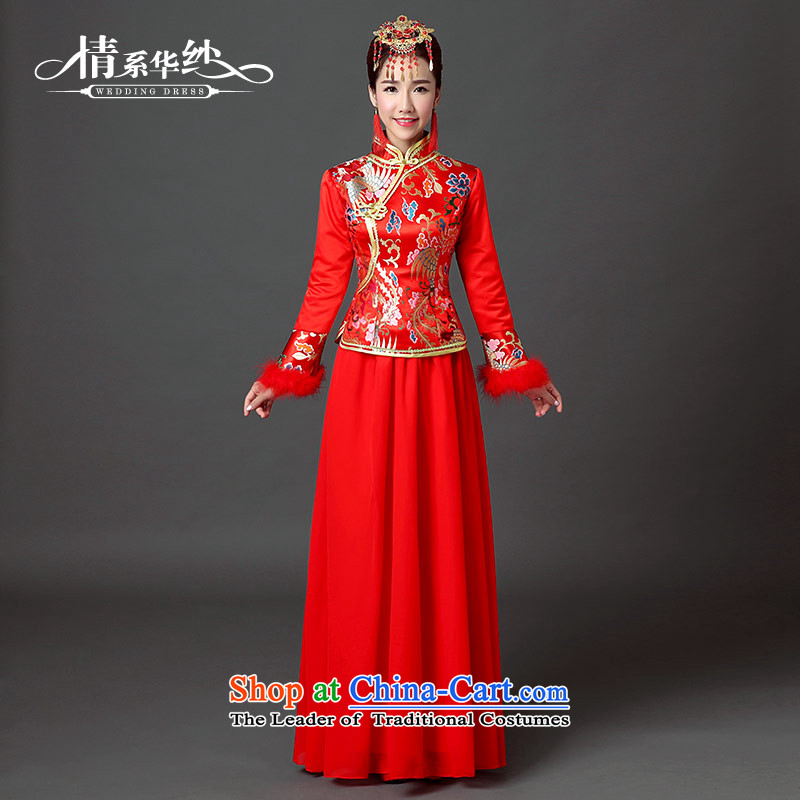 Qing Hua yarn wedding dresses 2015 new autumn retro-thick warm bride cheongsam dress marriage bows services red S