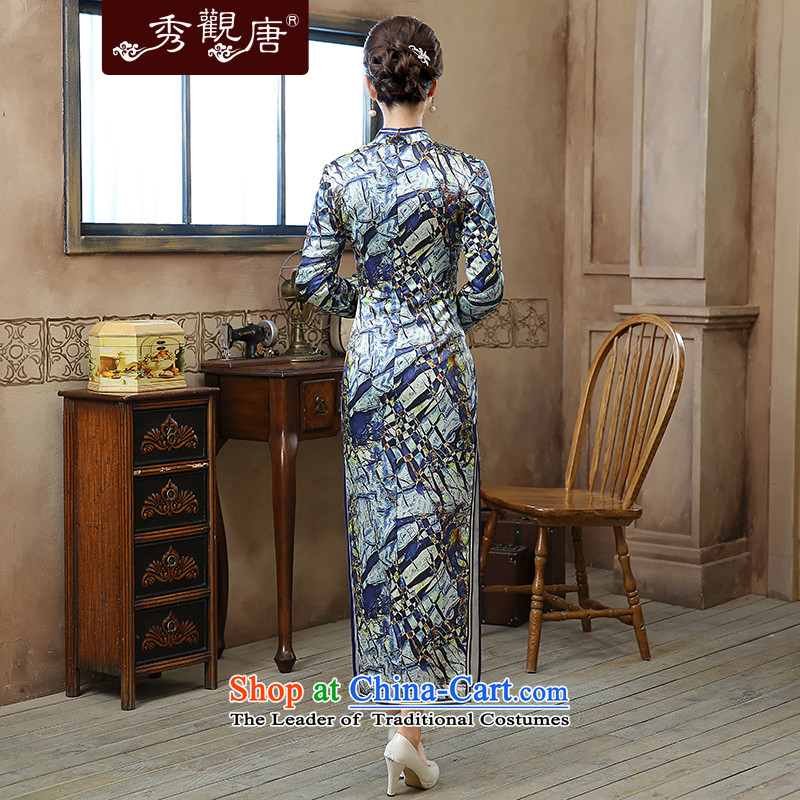 [Sau Kwun Tong] crystal blue autumn and winter 2015 New Silk Cheongsam QC51001 long stamp suit XL, Sau Kwun Tong shopping on the Internet has been pressed.
