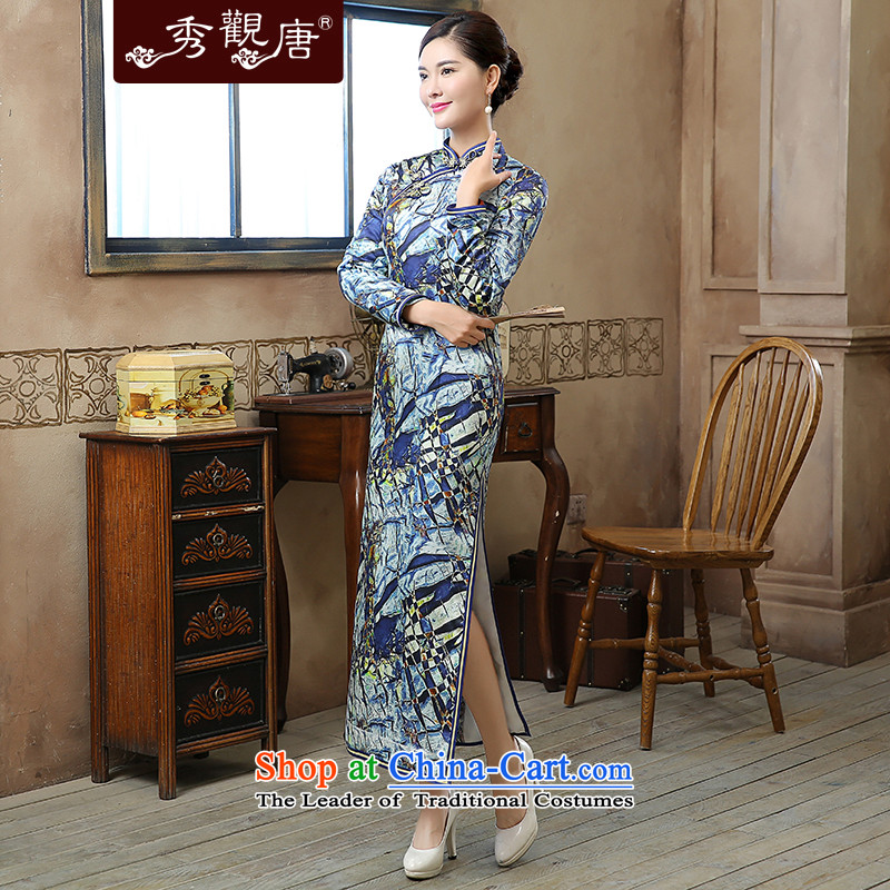 [Sau Kwun Tong] crystal blue autumn and winter 2015 New Silk Cheongsam QC51001 long stamp suit XL, Sau Kwun Tong shopping on the Internet has been pressed.