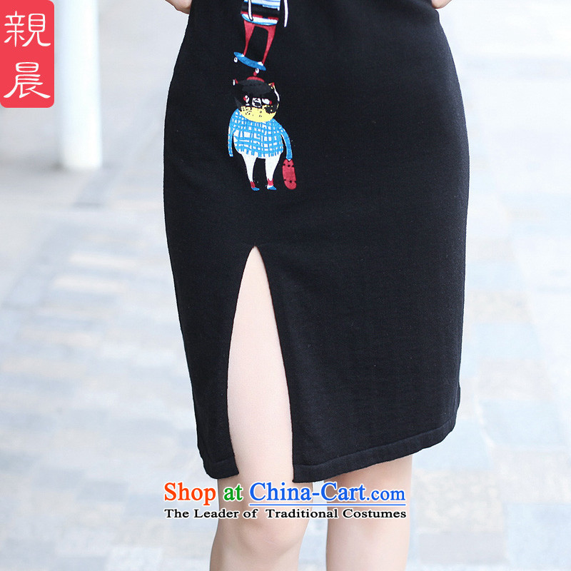 2015 Autumn and winter cheongsam dress Ms. New Stylish retro knit wool improved day-to-day long-sleeved short, medium gray skirt XL, pro-am , , , shopping on the Internet