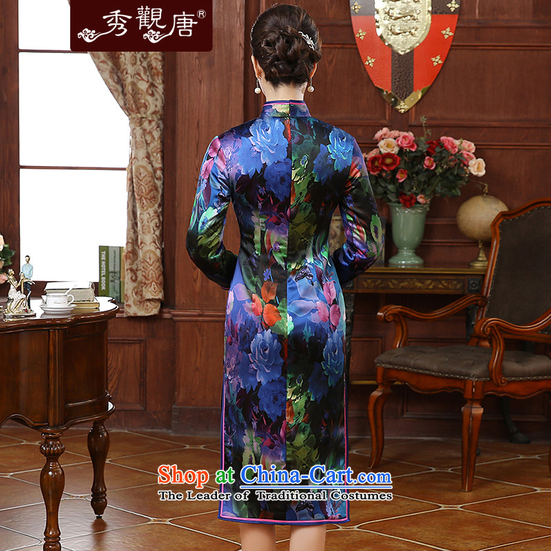 [Sau Kwun Tong] Ice Blue 2015 autumn and winter new stylish stamp high-end Silk Cheongsam QC51006 in long suit XL, Sau Kwun Tong shopping on the Internet has been pressed.