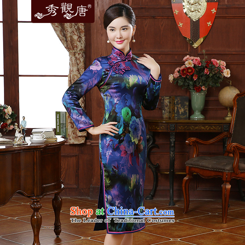 [Sau Kwun Tong] Ice Blue 2015 autumn and winter new stylish stamp high-end Silk Cheongsam QC51006 in long suit XL, Sau Kwun Tong shopping on the Internet has been pressed.