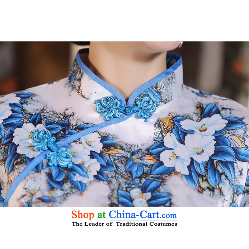 Leung Ching-day improved slightly high collar Sau San low the forklift truck 7 cuff porcelain upscale silk cheongsam dress short), floral M Leung micro-ching , , , shopping on the Internet