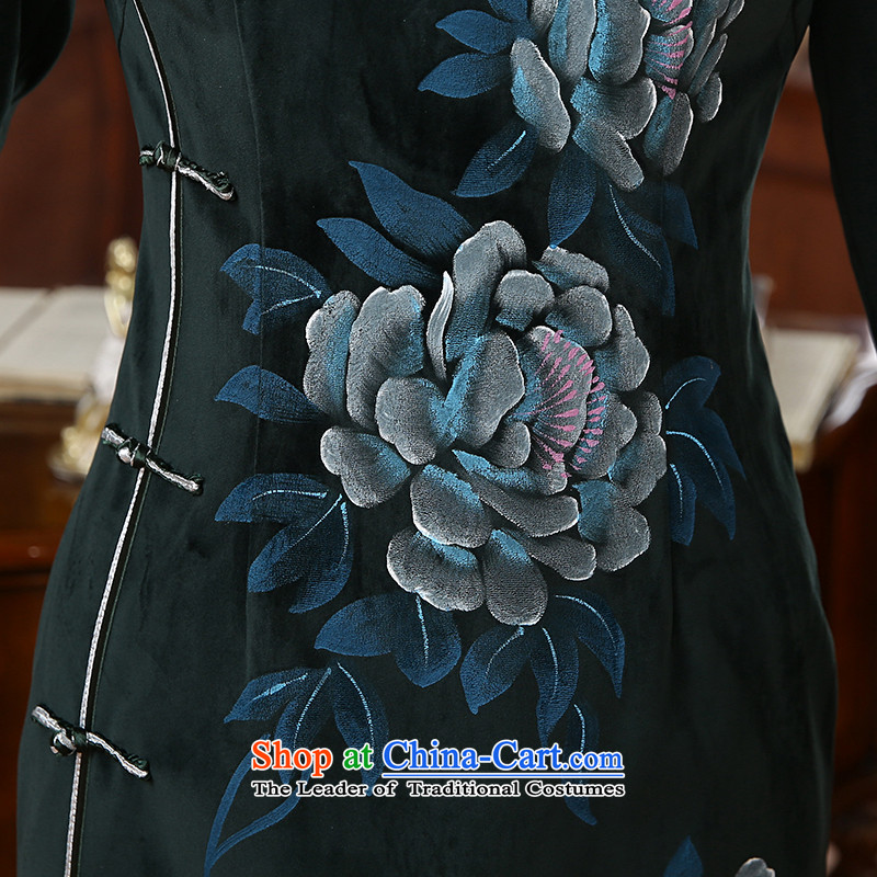 [Sau Kwun tong yi] Mudan 2015 autumn and winter new stylish peony stamp long dresses qipao QC51009 emerald- S, Sau Kwun Tong shopping on the Internet has been pressed.