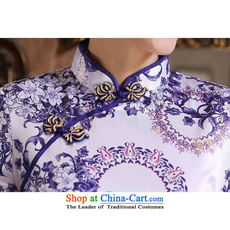Stephen micro-ching classic improved daily Mock-neck 7 retro-sleeved Silk Cheongsam. The forklift truck low dresses annual concert banquet blue dress love , L, Stephen micro-ching , , , shopping on the Internet