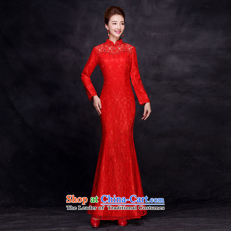 Toasting champagne served collar evening dresses long seven-sleeved bride wedding dress lace cheongsam dress female autumn and winter, red winter) M,OCO,,, - shopping on the Internet