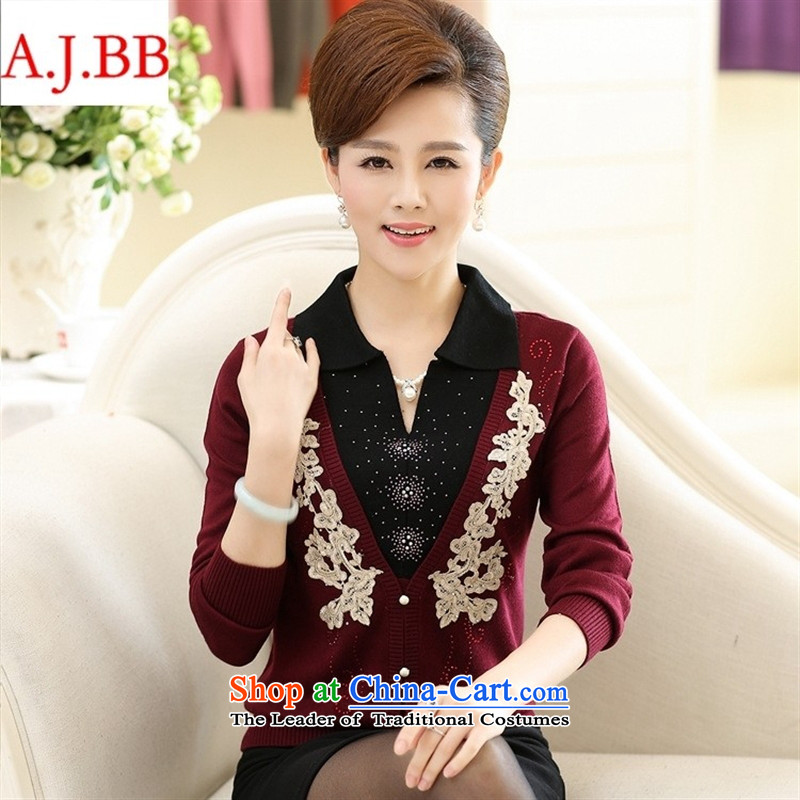 September clothes shops fall_ _ older women with stylish mother load autumn knitwear lapel of long-sleeved T-shirt, forming the wine red?110