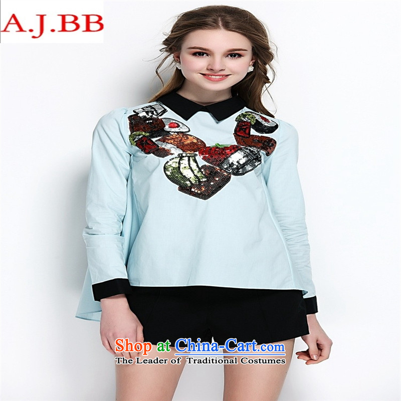 September clothes shops *2015 summer new European Women's site in Europe solid color lights turn for long-sleeved T-woman Sau San pension summer blue M,A.J.BB,,, shopping on the Internet