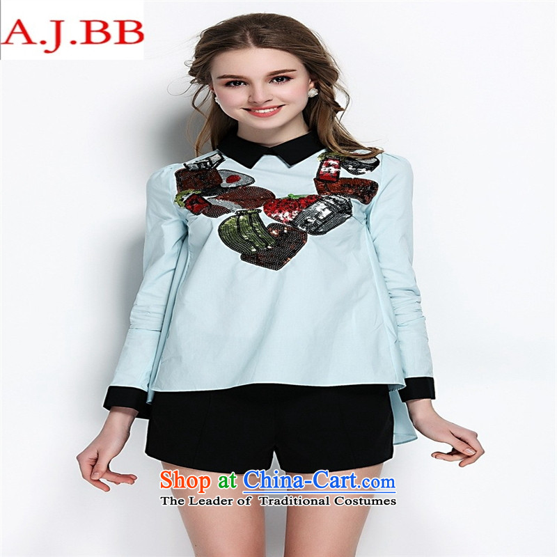 September clothes shops *2015 summer new European Women's site in Europe solid color lights turn for long-sleeved T-woman Sau San pension summer blue M,A.J.BB,,, shopping on the Internet