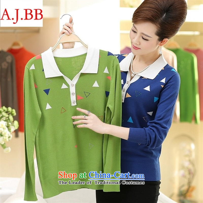 September *2015 clothes shops in the new Elderly Women long-sleeved lapel Knitted Shirt with autumn boxed loose mother forming the T-shirt sweater female blue 115,A.J.BB,,, shopping on the Internet