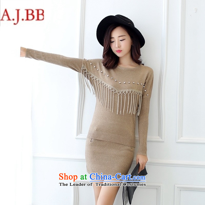 September _2015 clothes shops with the new Korean autumn edition round-neck collar long-sleeved T-shirt packet flow su knitted and woven skirts leisure two kits?FBH708 KHAKI?M