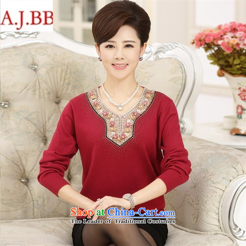 September clothes shops in the autumn * older women's long-sleeved V-Neck Knitted Shirt ironing drill solid color woolen sweater T-shirt with female red 120,A.J.BB,,, mother shopping on the Internet