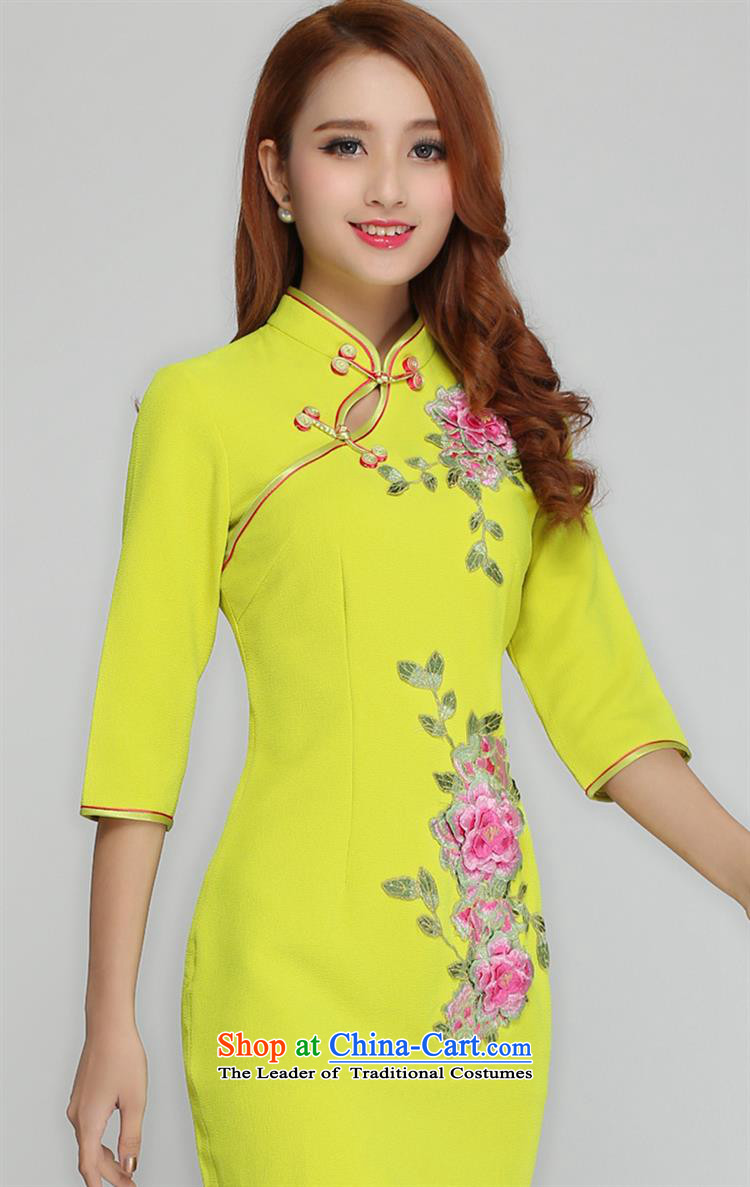 Optimize fruit shop 2015 Summer bell new cheongsam short of elegance in the seven cuff cuff dresses embroidered Stylish retro improved lemon yellow 7-sleeved XL Photo, prices, brand platters! The elections are supplied in the national character of distribution, so action, buy now enjoy more preferential! As soon as possible.