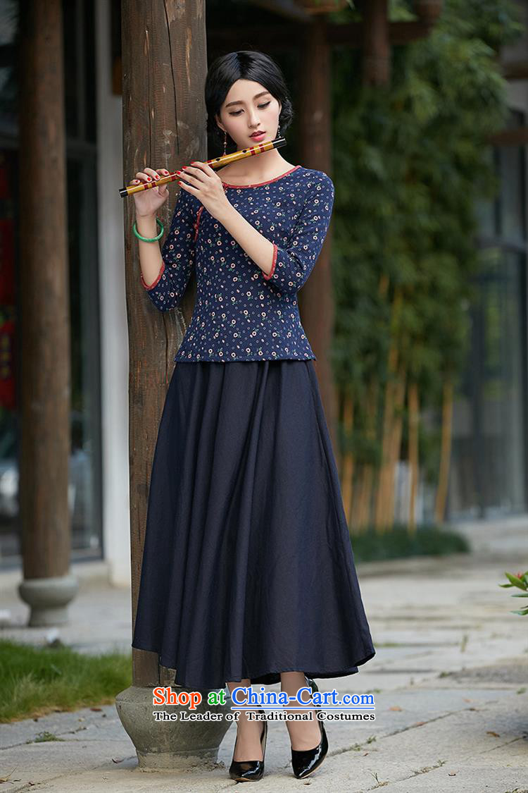 Optimize fruit shop 017 New Bell qipao cotton linen long-sleeved T-shirt with round collar CHINESE CHEONGSAM blue blouse stylish improved L picture, prices, brand platters! The elections are supplied in the national character of distribution, so action, buy now enjoy more preferential! As soon as possible.