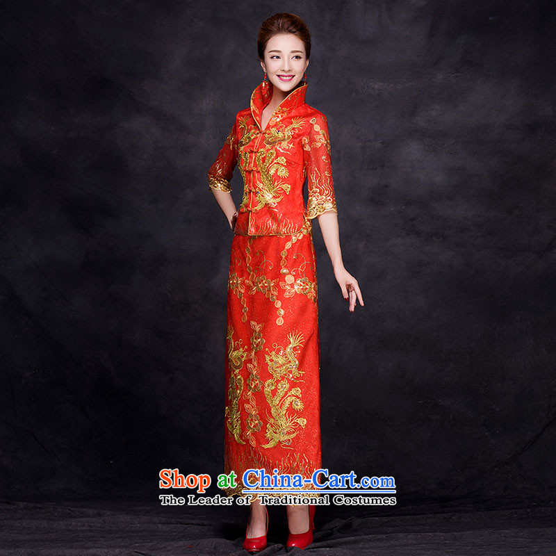 The bride wedding dress bows to the autumn and winter 2015 new cheongsam dress 7 cuff retro lace evening dress red L,oco,,, Sau San shopping on the Internet