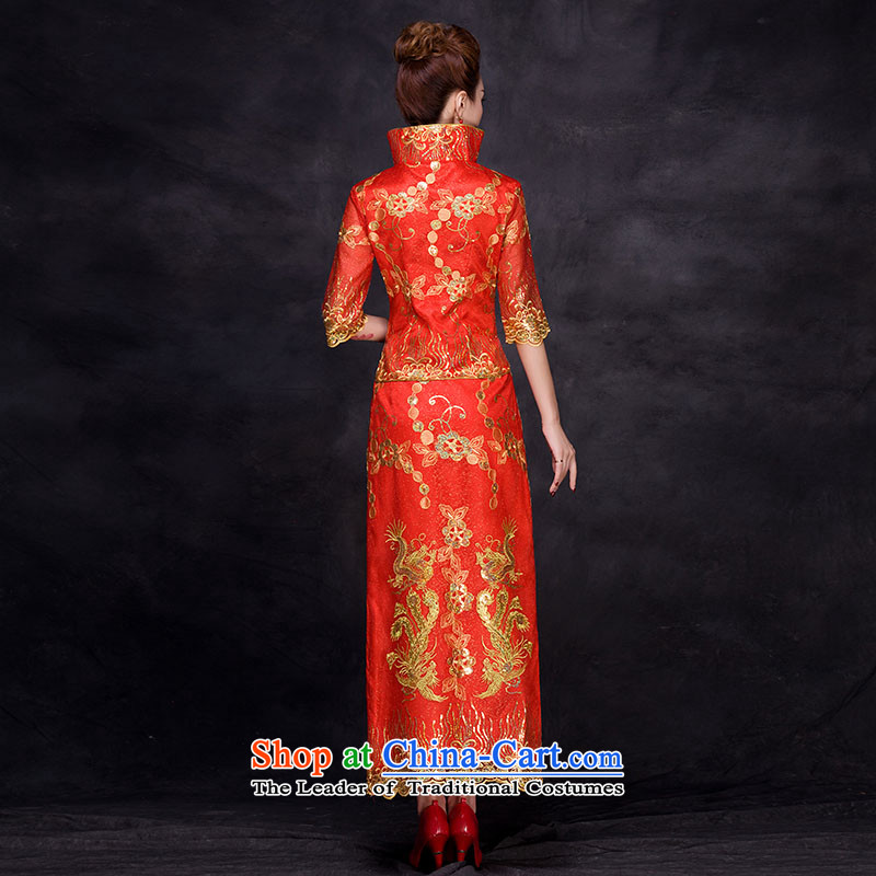 The bride wedding dress bows to the autumn and winter 2015 new cheongsam dress 7 cuff retro lace evening dress red L,oco,,, Sau San shopping on the Internet