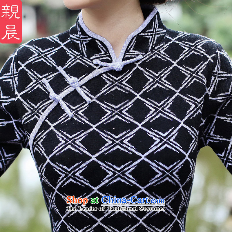 2015 Fall/Winter Collections new cheongsam dress Stylish retro woolen knitted long-sleeved short of Sau San dresses improved female Black + Gray XL, pro-am , , , shopping on the Internet