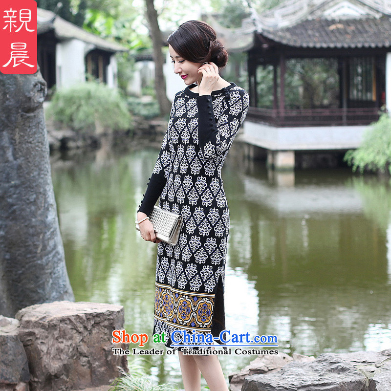 2015 Fall/Winter Collections cheongsam dress the new improved Ms. retro Woolen Sweater Knit long-sleeved Sau San long skirt black 2XL, pro-am , , , shopping on the Internet