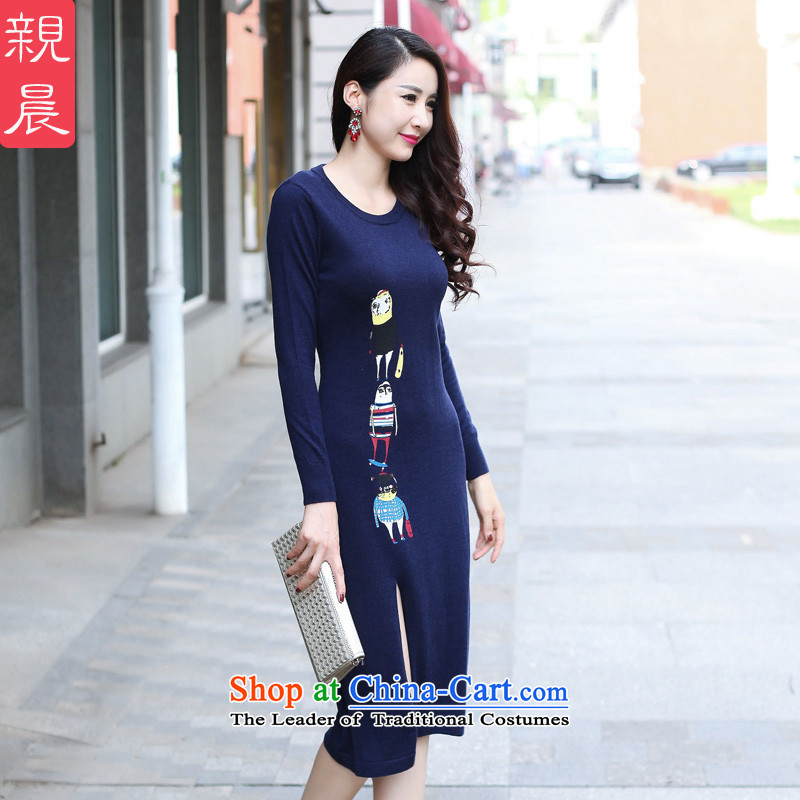 2015 Autumn and winter cheongsam dress Ms. New Stylish retro knit wool improved day-to-day long-sleeved short skirt, navy blue XL, pro-am , , , shopping on the Internet