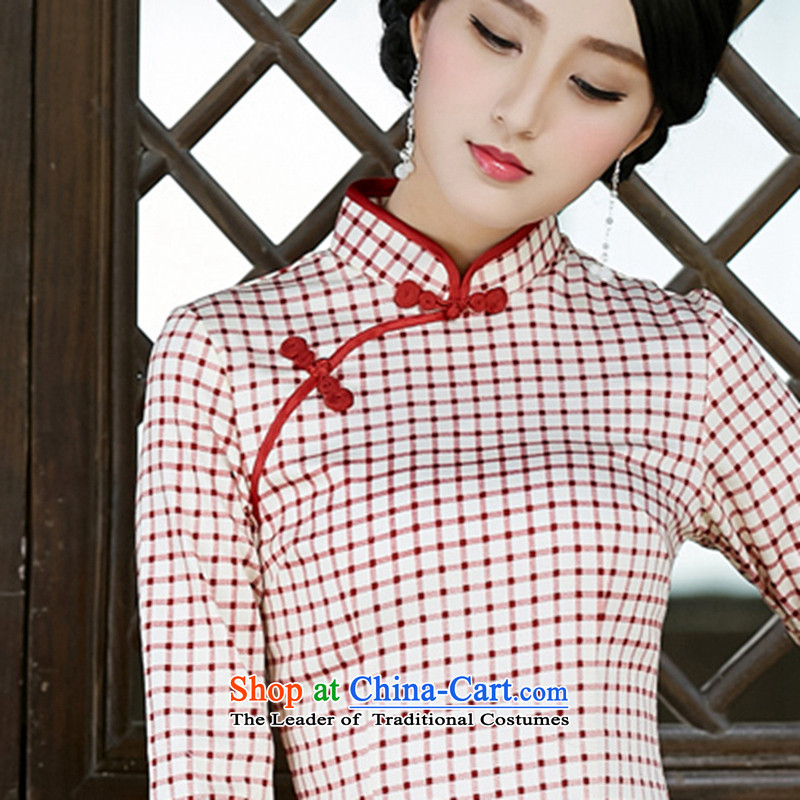 The 2015 autumn 歆 Choi Man with new) cuff qipao cheongsam dress retro style qipao improved skirt Ms. latticed SZ3G015 red checkered M Ink 歆 MOXIN (shopping on the Internet has been pressed.)