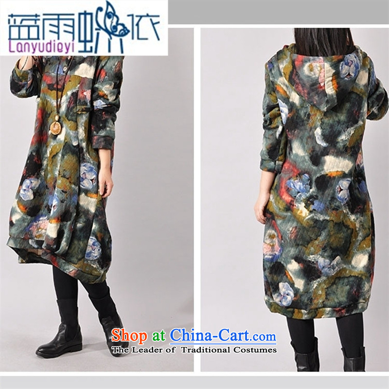 Ya-ting shop 2015 autumn and winter new Korean version of large numbers of ladies loose cap suit folder silk cotton dress red , L, blue rain butterfly according to , , , shopping on the Internet