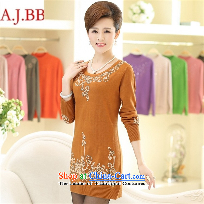 September clothes shops * Mother Boxed Korean dresses in long knitting sweater in forming the stamp of older women's larger Autumn and Winter Sweater yellow 120,A.J.BB,,, replacing shopping on the Internet